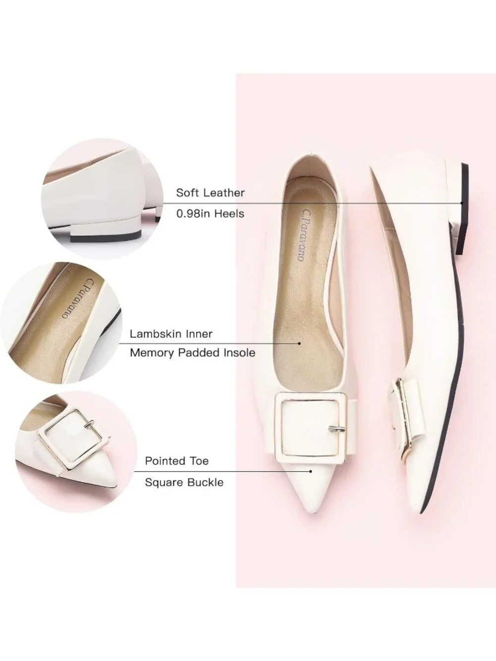 Women's White Pointed Toe Square Buckle Flats Elegant Slip-On Comfortable Shoes